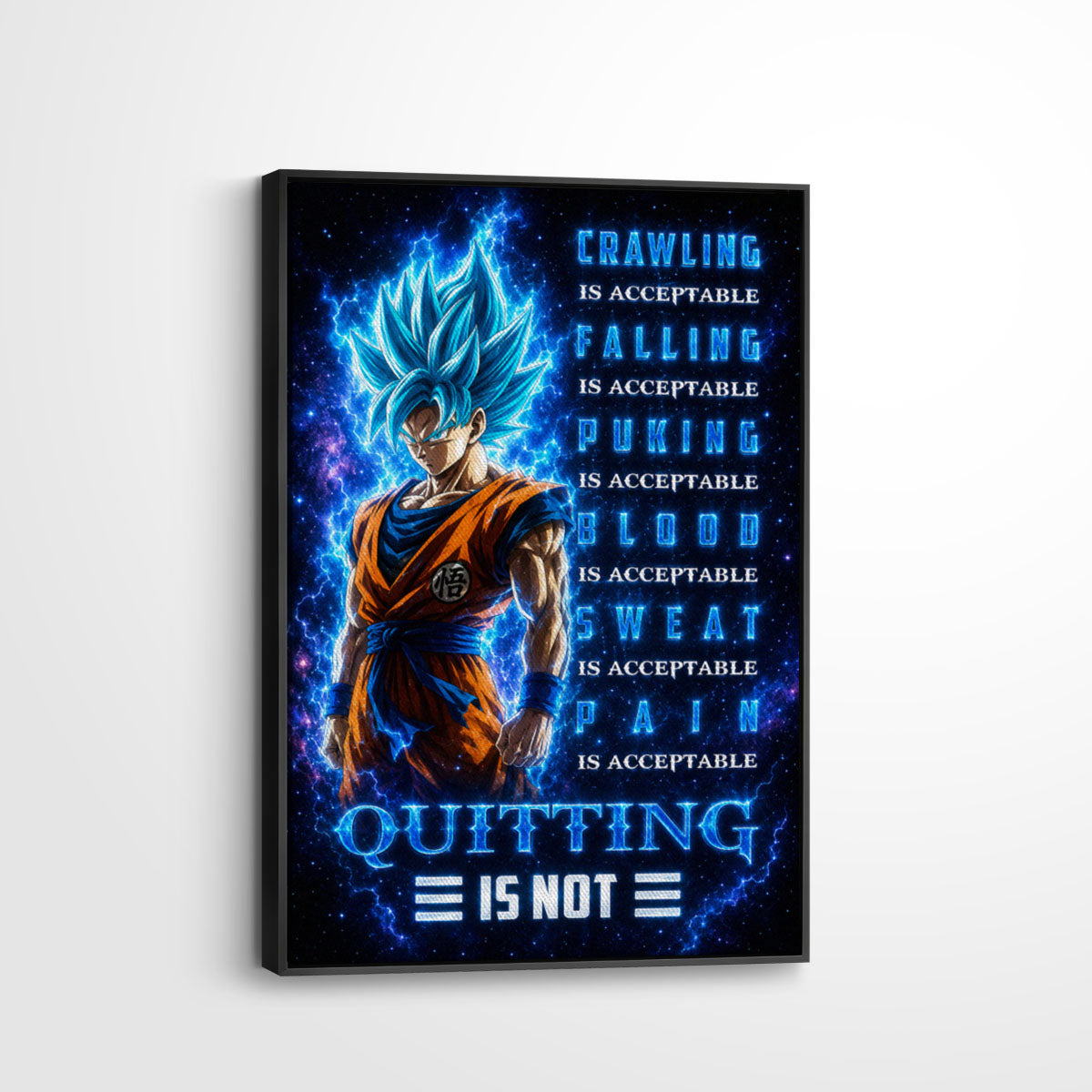 Goku Super Saiyan Blue Canvas Wall Art - Dragon Ball Anime Motivational Quote “Quitting Is Not” Print - Ready to Hang Gym Workout Decor - DR103