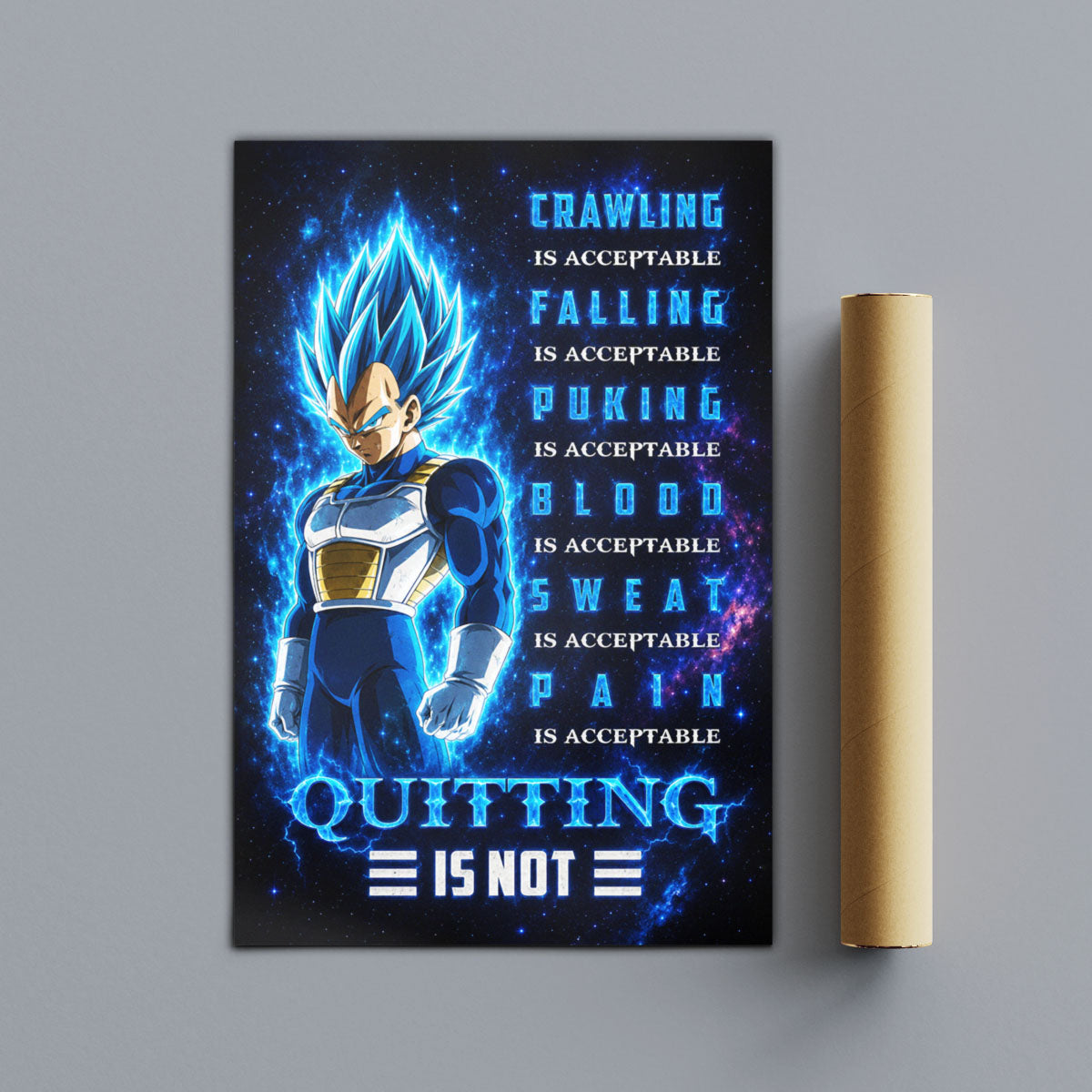 Vegeta Super Saiyan Blue Canvas Wall Art - Dragon Ball Anime Motivational Quote “Quitting Is Not” Print - Ready to Hang Gym Workout Decor - DR104