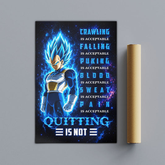 Vegeta Super Saiyan Blue Canvas Wall Art - Dragon Ball Anime Motivational Quote “Quitting Is Not” Print - Ready to Hang Gym Workout Decor - DR104