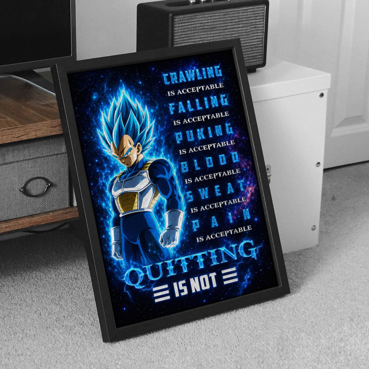 Vegeta Super Saiyan Blue Canvas Wall Art - Dragon Ball Anime Motivational Quote “Quitting Is Not” Print - Ready to Hang Gym Workout Decor - DR104