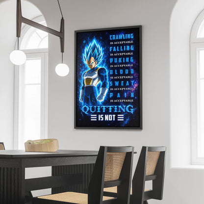 Vegeta Super Saiyan Blue Canvas Wall Art - Dragon Ball Anime Motivational Quote “Quitting Is Not” Print - Ready to Hang Gym Workout Decor - DR104