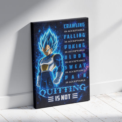 Vegeta Super Saiyan Blue Canvas Wall Art - Dragon Ball Anime Motivational Quote “Quitting Is Not” Print - Ready to Hang Gym Workout Decor - DR104