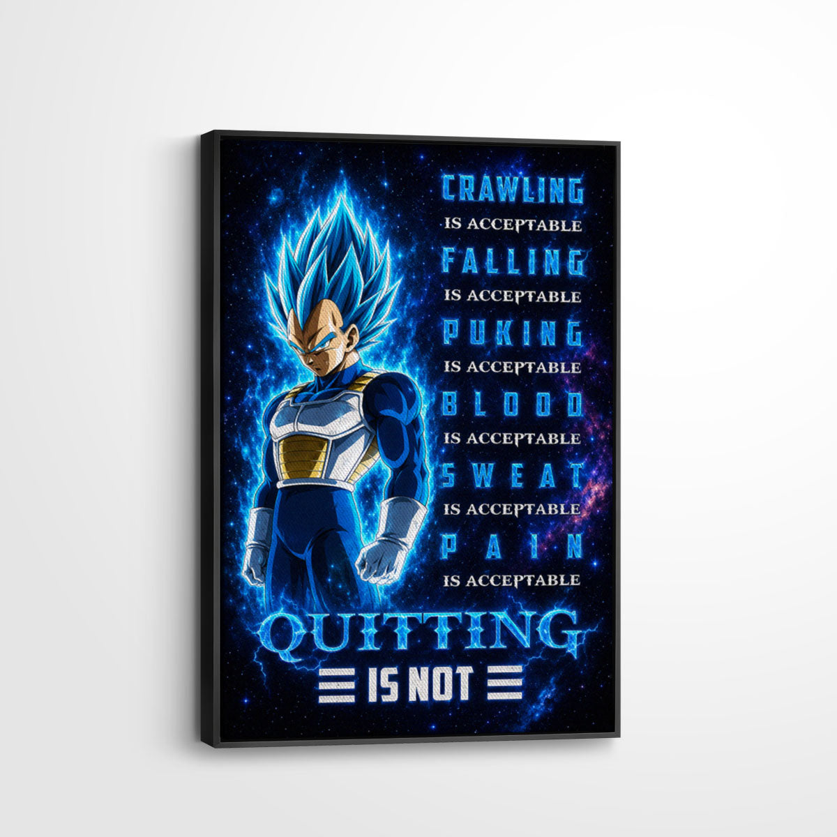 Vegeta Super Saiyan Blue Canvas Wall Art - Dragon Ball Anime Motivational Quote “Quitting Is Not” Print - Ready to Hang Gym Workout Decor - DR104