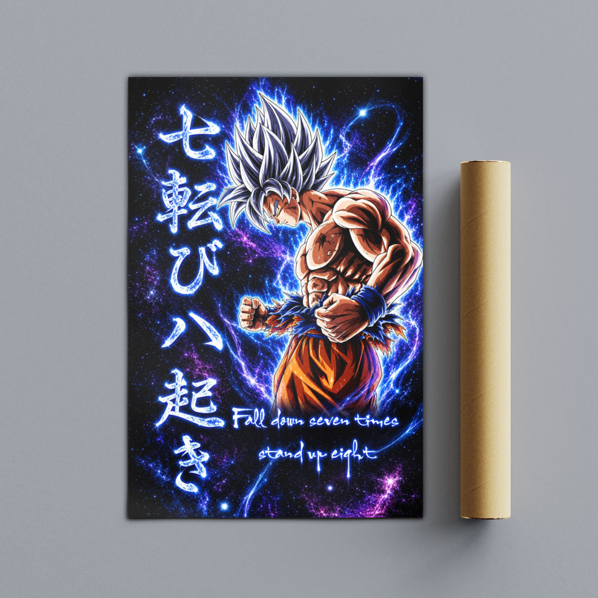 Goku Ultra Instinct Canvas Wall Art - Dragon Ball Anime Motivational Quote “Fall Down 7 Times Stand Up 8” - Ready to Hang Gamer Room Decor - DR105
