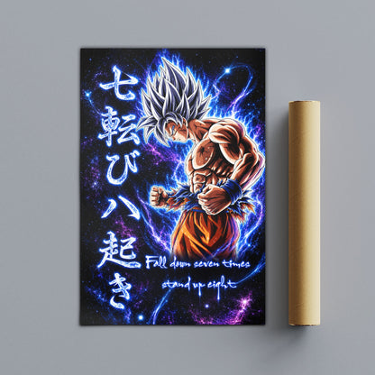 Goku Ultra Instinct Canvas Wall Art - Dragon Ball Anime Motivational Quote “Fall Down 7 Times Stand Up 8” - Ready to Hang Gamer Room Decor - DR105