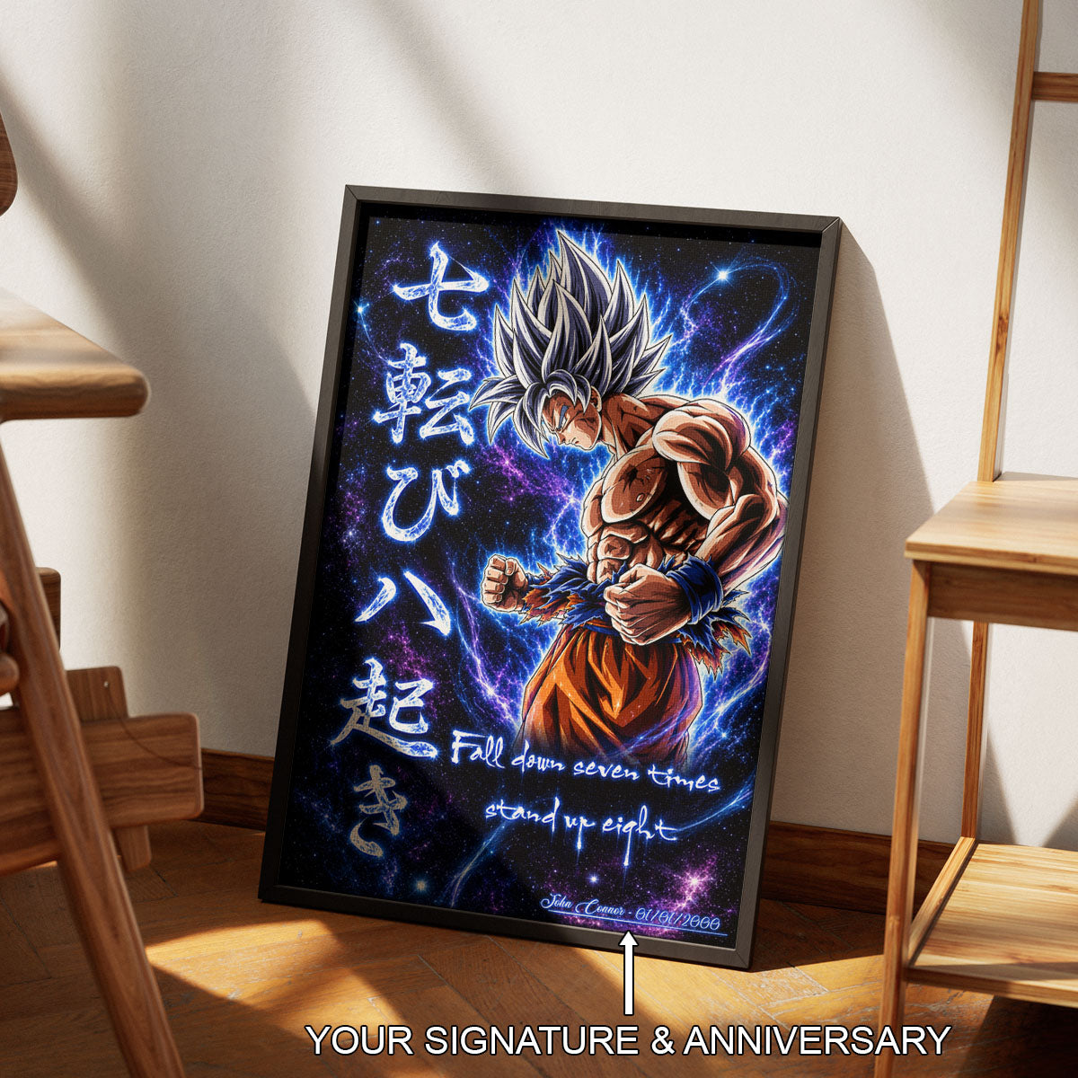 Goku Ultra Instinct Canvas Wall Art - Dragon Ball Anime Motivational Quote “Fall Down 7 Times Stand Up 8” - Ready to Hang Gamer Room Decor - DR105