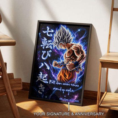 Goku Ultra Instinct Canvas Wall Art - Dragon Ball Anime Motivational Quote “Fall Down 7 Times Stand Up 8” - Ready to Hang Gamer Room Decor - DR105