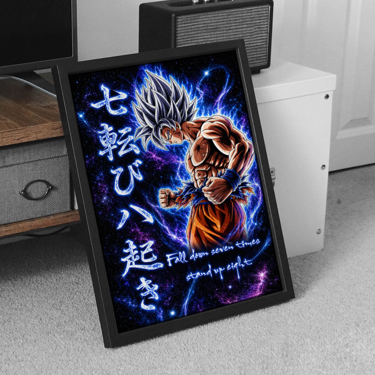 Goku Ultra Instinct Canvas Wall Art - Dragon Ball Anime Motivational Quote “Fall Down 7 Times Stand Up 8” - Ready to Hang Gamer Room Decor - DR105