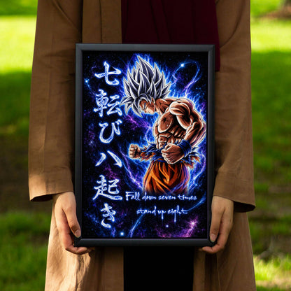 Goku Ultra Instinct Canvas Wall Art - Dragon Ball Anime Motivational Quote “Fall Down 7 Times Stand Up 8” - Ready to Hang Gamer Room Decor - DR105