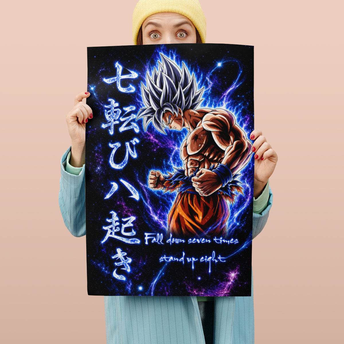 Goku Ultra Instinct Canvas Wall Art - Dragon Ball Anime Motivational Quote “Fall Down 7 Times Stand Up 8” - Ready to Hang Gamer Room Decor - DR105