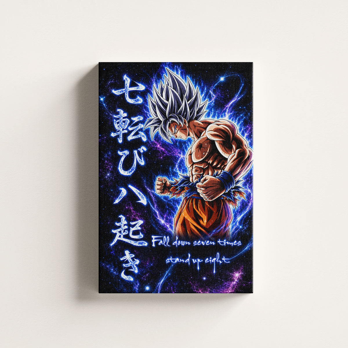 Goku Ultra Instinct Canvas Wall Art - Dragon Ball Anime Motivational Quote “Fall Down 7 Times Stand Up 8” - Ready to Hang Gamer Room Decor - DR105