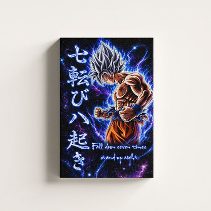 Goku Ultra Instinct Canvas Wall Art - Dragon Ball Anime Motivational Quote “Fall Down 7 Times Stand Up 8” - Ready to Hang Gamer Room Decor - DR105
