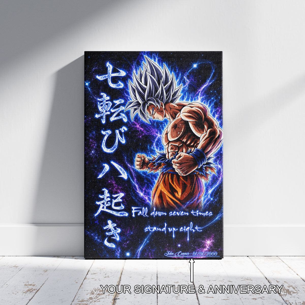 Goku Ultra Instinct Canvas Wall Art - Dragon Ball Anime Motivational Quote “Fall Down 7 Times Stand Up 8” - Ready to Hang Gamer Room Decor - DR105