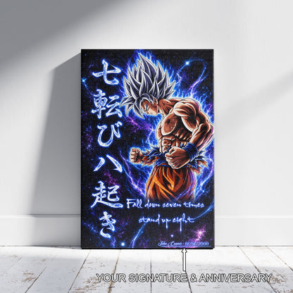 Goku Ultra Instinct Canvas Wall Art - Dragon Ball Anime Motivational Quote “Fall Down 7 Times Stand Up 8” - Ready to Hang Gamer Room Decor - DR105
