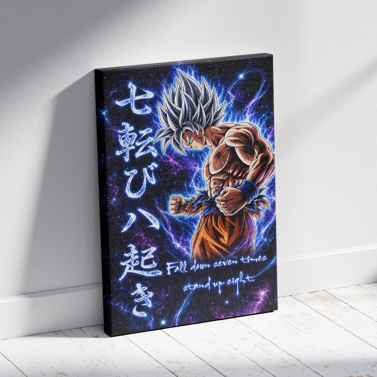 Goku Ultra Instinct Canvas Wall Art - Dragon Ball Anime Motivational Quote “Fall Down 7 Times Stand Up 8” - Ready to Hang Gamer Room Decor - DR105