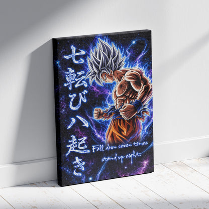 Goku Ultra Instinct Canvas Wall Art - Dragon Ball Anime Motivational Quote “Fall Down 7 Times Stand Up 8” - Ready to Hang Gamer Room Decor - DR105