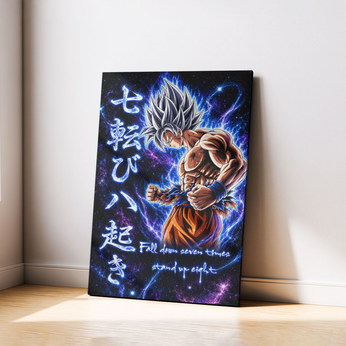 Goku Ultra Instinct Canvas Wall Art - Dragon Ball Anime Motivational Quote “Fall Down 7 Times Stand Up 8” - Ready to Hang Gamer Room Decor - DR105