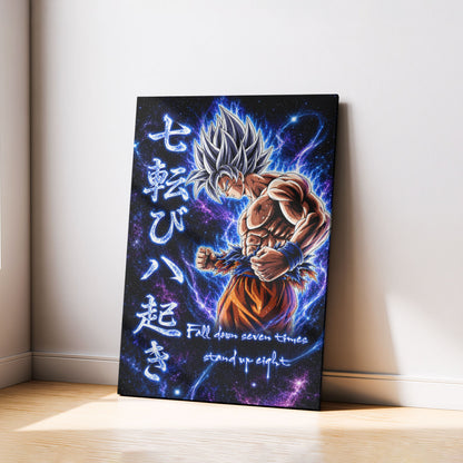 Goku Ultra Instinct Canvas Wall Art - Dragon Ball Anime Motivational Quote “Fall Down 7 Times Stand Up 8” - Ready to Hang Gamer Room Decor - DR105