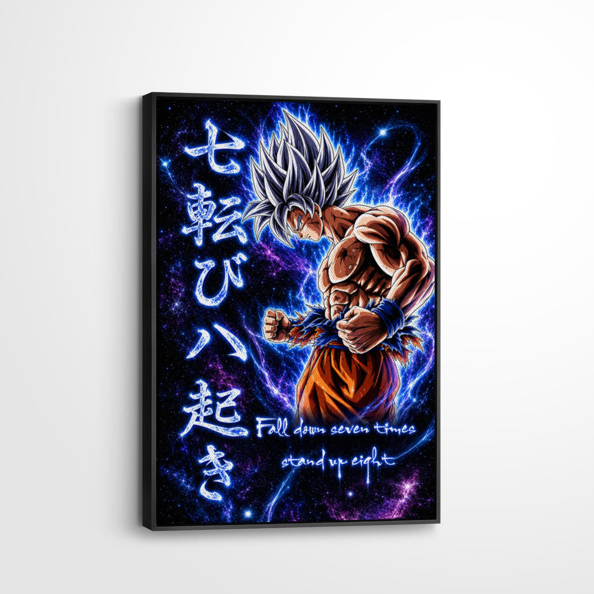 Goku Ultra Instinct Canvas Wall Art - Dragon Ball Anime Motivational Quote “Fall Down 7 Times Stand Up 8” - Ready to Hang Gamer Room Decor - DR105