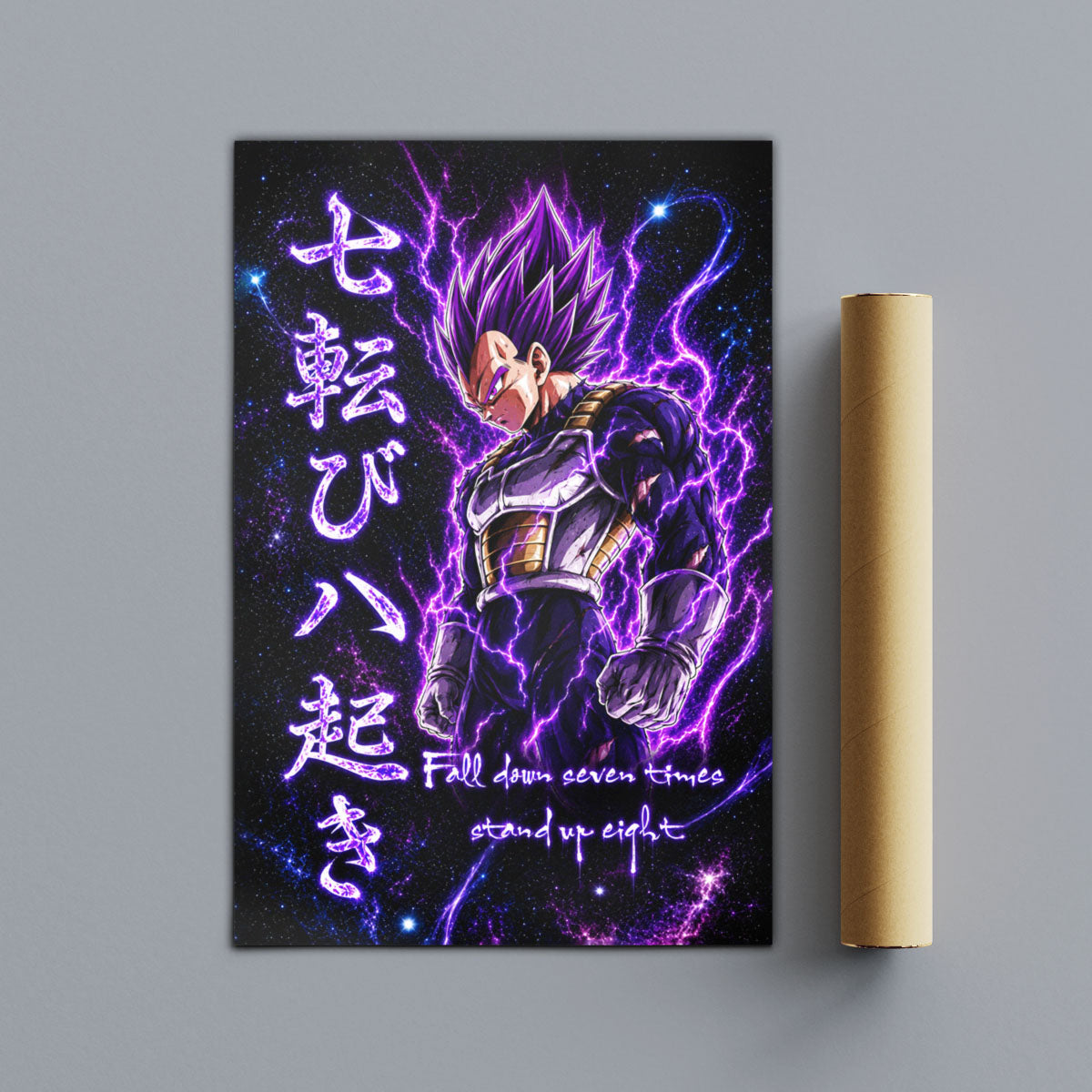 Vegeta Ultra Ego Canvas Wall Art - Dragon Ball Anime Motivational Quote “Fall Down 7 Times Stand Up 8” - Ready to Hang Gamer Room Decor - DR106