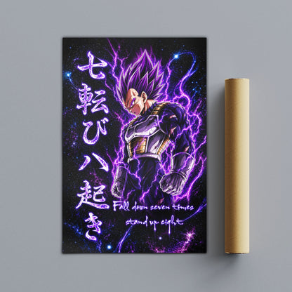 Vegeta Ultra Ego Canvas Wall Art - Dragon Ball Anime Motivational Quote “Fall Down 7 Times Stand Up 8” - Ready to Hang Gamer Room Decor - DR106