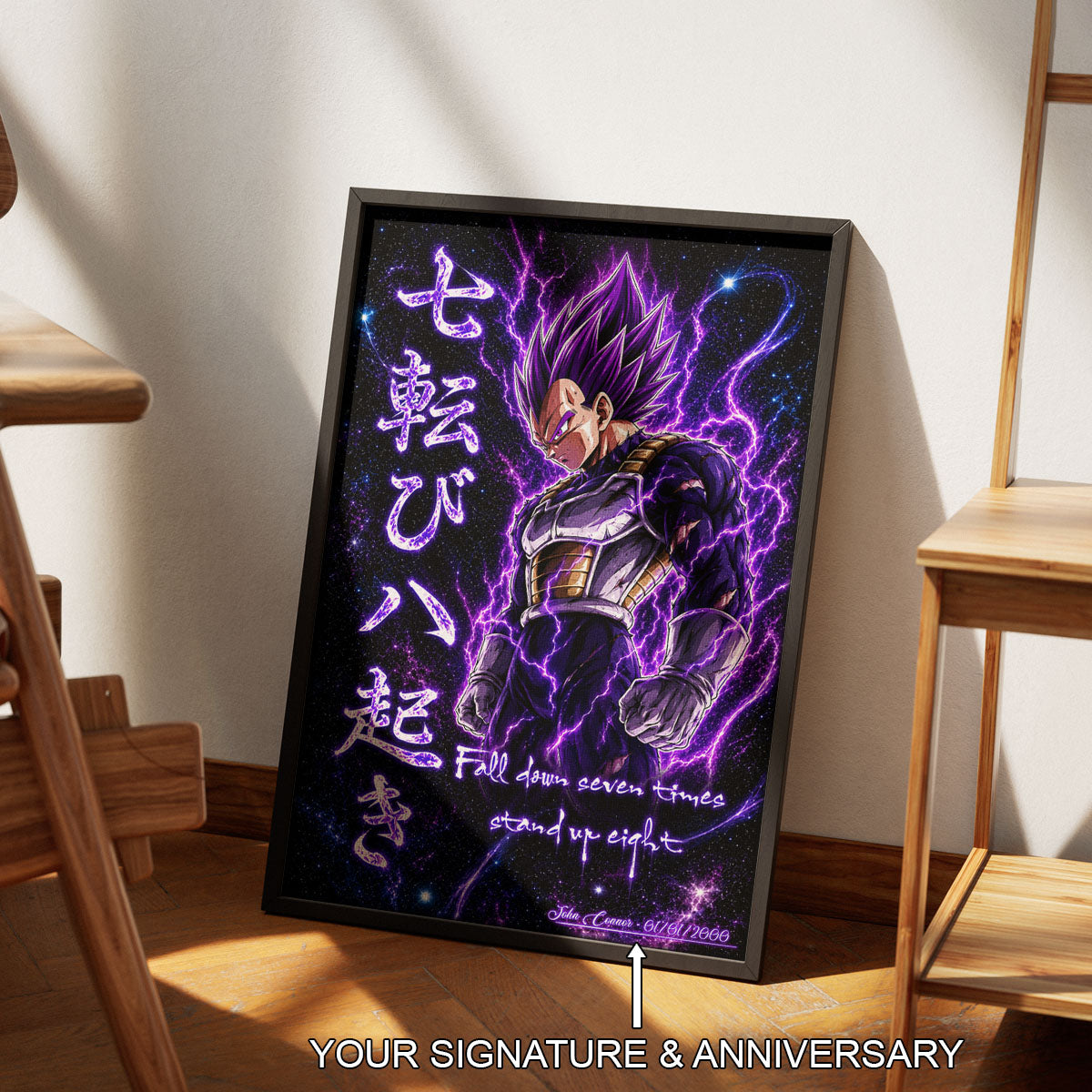 Vegeta Ultra Ego Canvas Wall Art - Dragon Ball Anime Motivational Quote “Fall Down 7 Times Stand Up 8” - Ready to Hang Gamer Room Decor - DR106