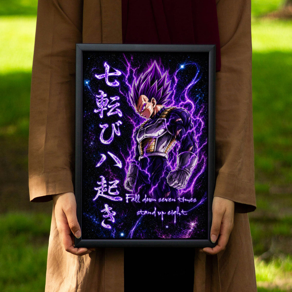 Vegeta Ultra Ego Canvas Wall Art - Dragon Ball Anime Motivational Quote “Fall Down 7 Times Stand Up 8” - Ready to Hang Gamer Room Decor - DR106