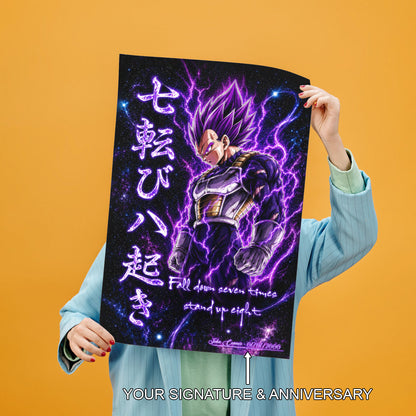 Vegeta Ultra Ego Canvas Wall Art - Dragon Ball Anime Motivational Quote “Fall Down 7 Times Stand Up 8” - Ready to Hang Gamer Room Decor - DR106