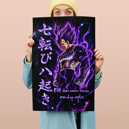 Vegeta Ultra Ego Canvas Wall Art - Dragon Ball Anime Motivational Quote “Fall Down 7 Times Stand Up 8” - Ready to Hang Gamer Room Decor - DR106