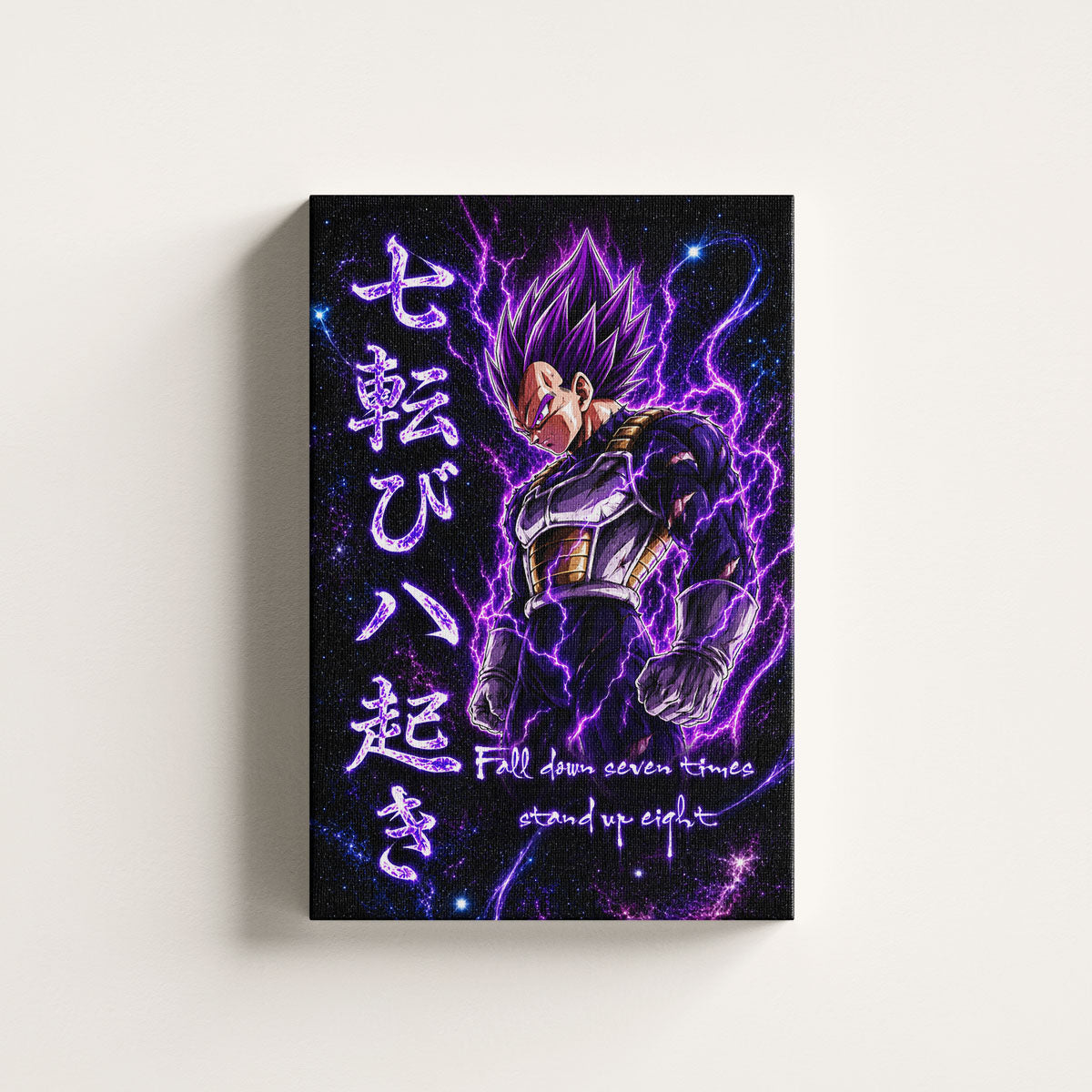 Vegeta Ultra Ego Canvas Wall Art - Dragon Ball Anime Motivational Quote “Fall Down 7 Times Stand Up 8” - Ready to Hang Gamer Room Decor - DR106