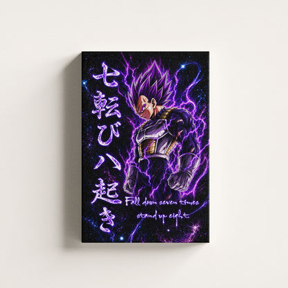 Vegeta Ultra Ego Canvas Wall Art - Dragon Ball Anime Motivational Quote “Fall Down 7 Times Stand Up 8” - Ready to Hang Gamer Room Decor - DR106