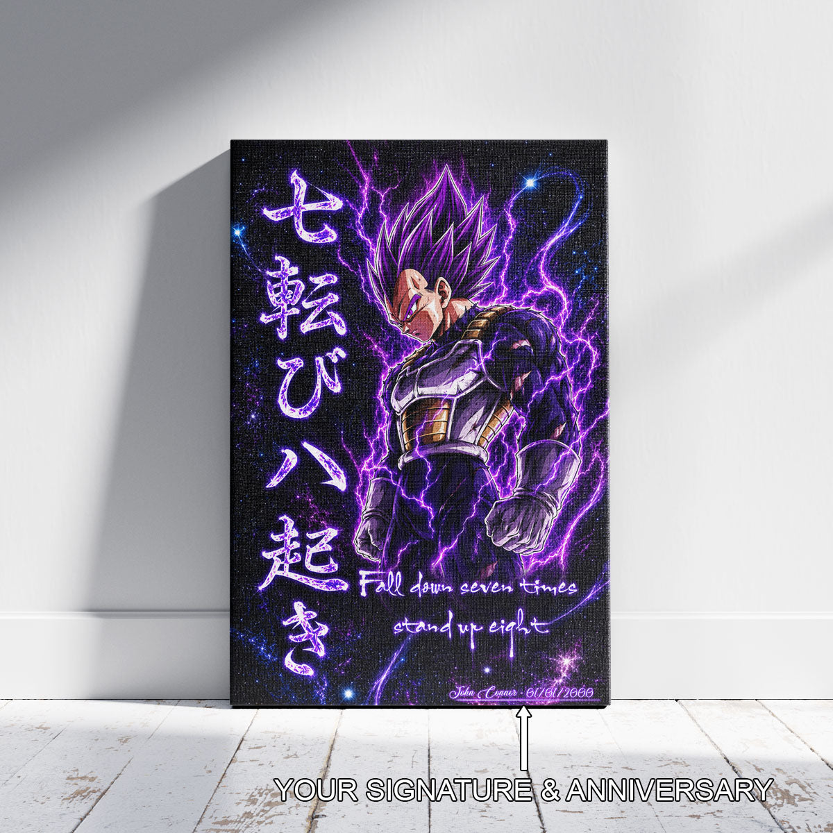 Vegeta Ultra Ego Canvas Wall Art - Dragon Ball Anime Motivational Quote “Fall Down 7 Times Stand Up 8” - Ready to Hang Gamer Room Decor - DR106