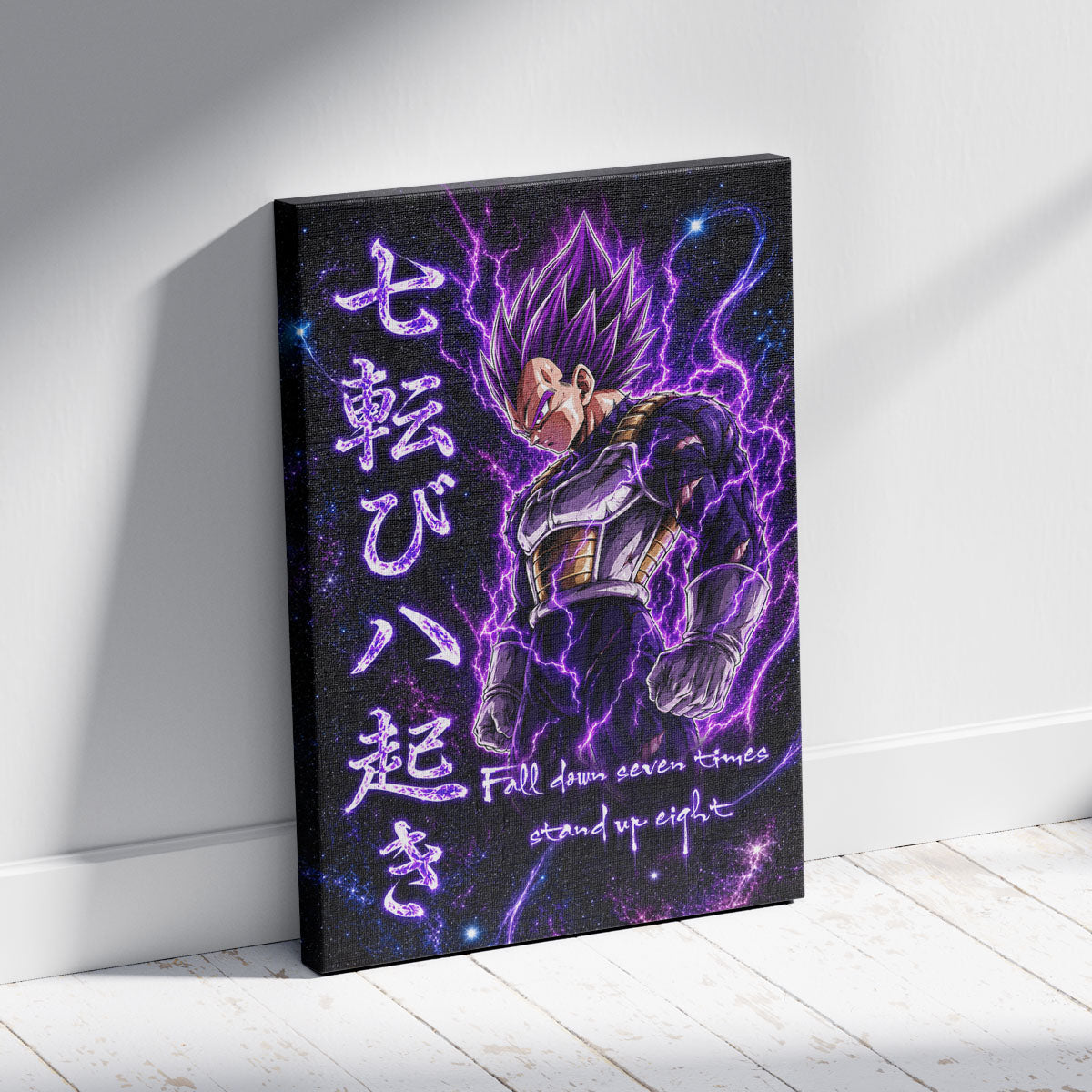 Vegeta Ultra Ego Canvas Wall Art - Dragon Ball Anime Motivational Quote “Fall Down 7 Times Stand Up 8” - Ready to Hang Gamer Room Decor - DR106
