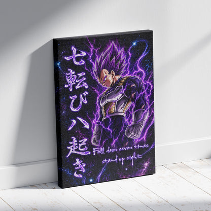 Vegeta Ultra Ego Canvas Wall Art - Dragon Ball Anime Motivational Quote “Fall Down 7 Times Stand Up 8” - Ready to Hang Gamer Room Decor - DR106