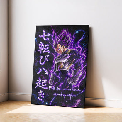 Vegeta Ultra Ego Canvas Wall Art - Dragon Ball Anime Motivational Quote “Fall Down 7 Times Stand Up 8” - Ready to Hang Gamer Room Decor - DR106