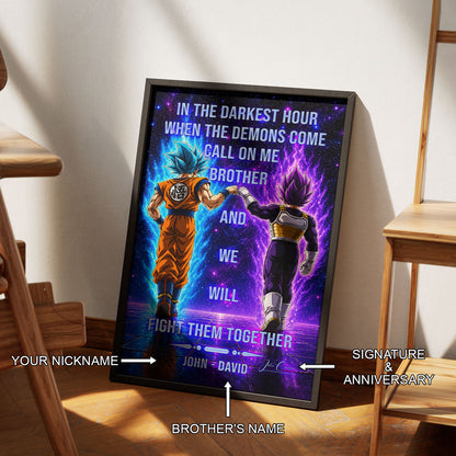 Dragon Ball Super Saiyan Blue Goku & Ultra Ego Vegeta Canvas Wall Art - Motivational Quote “Brother” - Ready to Hang Home Office Decor - DR116
