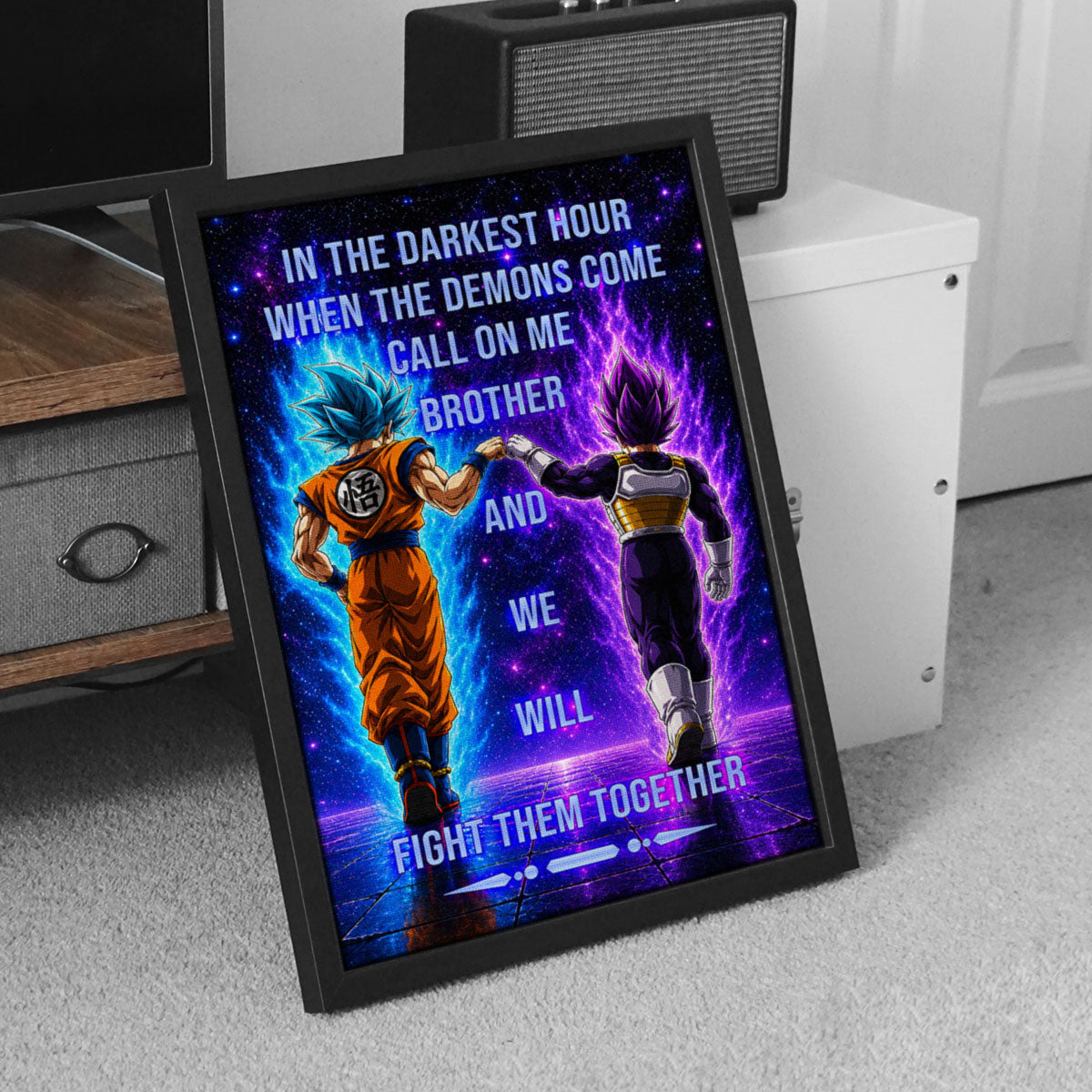 Dragon Ball Super Saiyan Blue Goku & Ultra Ego Vegeta Canvas Wall Art - Motivational Quote “Brother” - Ready to Hang Home Office Decor - DR116