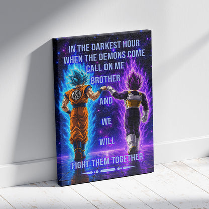 Dragon Ball Super Saiyan Blue Goku & Ultra Ego Vegeta Canvas Wall Art - Motivational Quote “Brother” - Ready to Hang Home Office Decor - DR116
