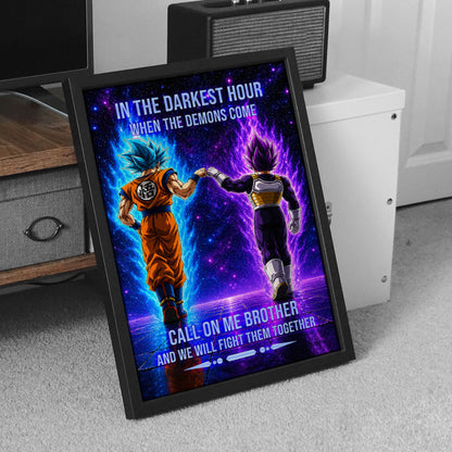 Dragon Ball Super Saiyan Blue Goku & Ultra Ego Vegeta Canvas Wall Art - Motivational Quote “Brother” - Ready to Hang Home Office Decor - DR117