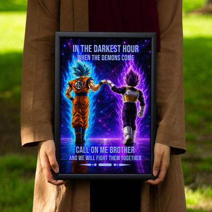 Dragon Ball Super Saiyan Blue Goku & Ultra Ego Vegeta Canvas Wall Art - Motivational Quote “Brother” - Ready to Hang Home Office Decor - DR117
