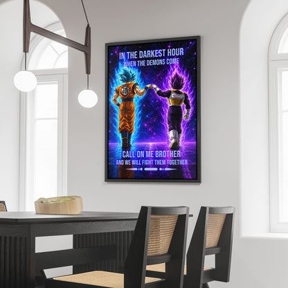 Dragon Ball Super Saiyan Blue Goku & Ultra Ego Vegeta Canvas Wall Art - Motivational Quote “Brother” - Ready to Hang Home Office Decor - DR117