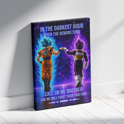 Dragon Ball Super Saiyan Blue Goku & Ultra Ego Vegeta Canvas Wall Art - Motivational Quote “Brother” - Ready to Hang Home Office Decor - DR117