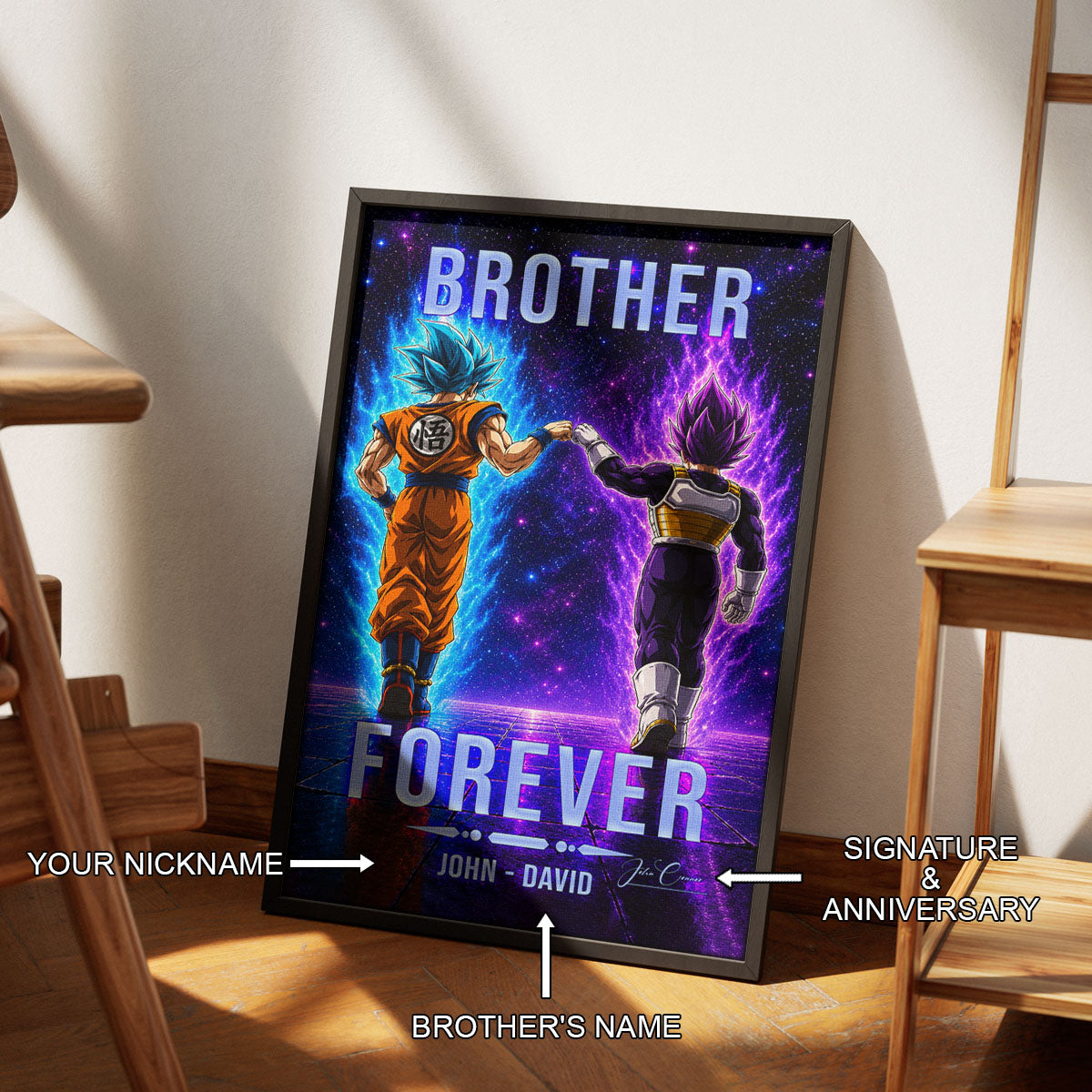 Dragon Ball Super Saiyan Blue Goku & Ultra Ego Vegeta Canvas Wall Art - “Brother Forever” DBZ Poster - Ready to Hang Home Office Decor - DR119