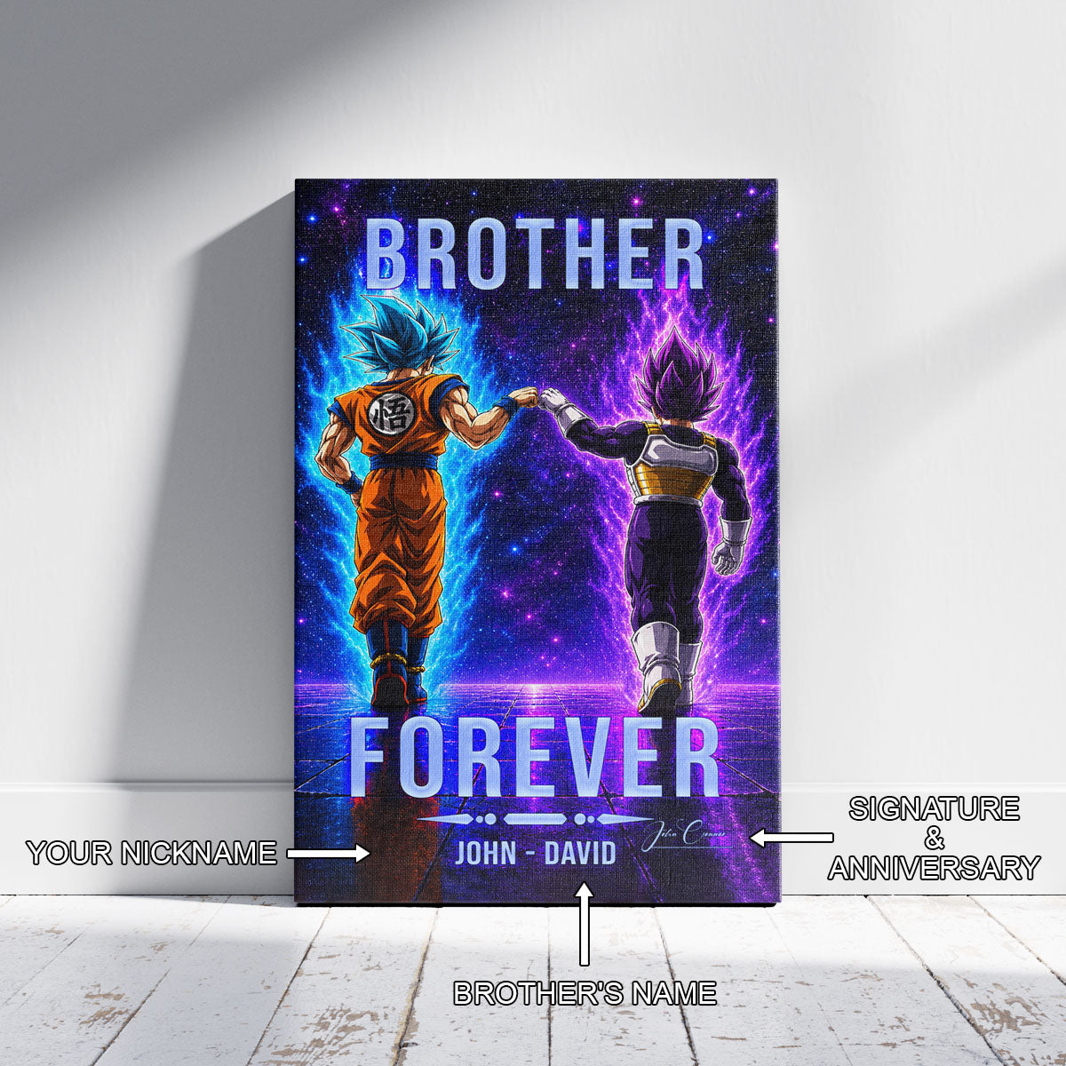 Dragon Ball Super Saiyan Blue Goku & Ultra Ego Vegeta Canvas Wall Art - “Brother Forever” DBZ Poster - Ready to Hang Home Office Decor - DR119