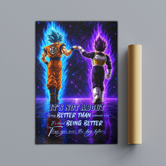 Dragon Ball Super Saiyan Blue Goku & Ultra Ego Vegeta Canvas Wall Art - DBZ Motivational Poster "Being Better Than Yesterday" Home Office Decor - DR121