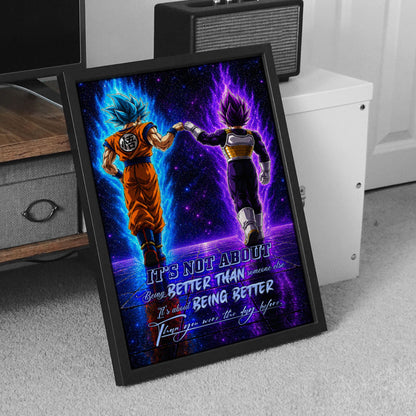 Dragon Ball Super Saiyan Blue Goku & Ultra Ego Vegeta Canvas Wall Art - DBZ Motivational Poster "Being Better Than Yesterday" Home Office Decor - DR121