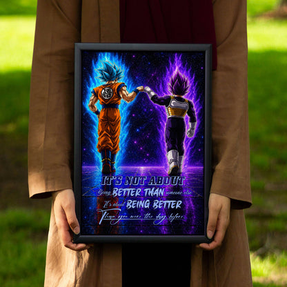 Dragon Ball Super Saiyan Blue Goku & Ultra Ego Vegeta Canvas Wall Art - DBZ Motivational Poster "Being Better Than Yesterday" Home Office Decor - DR121