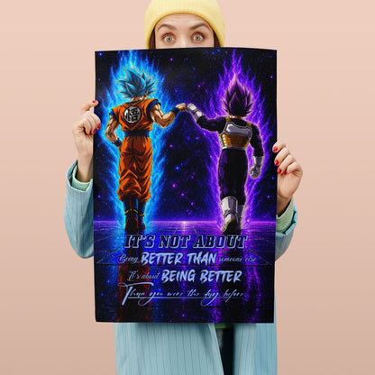 Dragon Ball Super Saiyan Blue Goku & Ultra Ego Vegeta Canvas Wall Art - DBZ Motivational Poster "Being Better Than Yesterday" Home Office Decor - DR121
