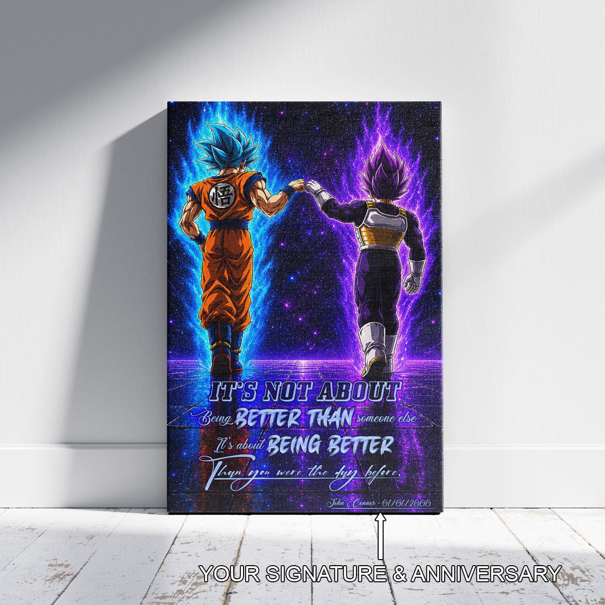 Dragon Ball Super Saiyan Blue Goku & Ultra Ego Vegeta Canvas Wall Art - DBZ Motivational Poster "Being Better Than Yesterday" Home Office Decor - DR121