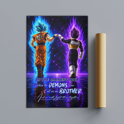 Dragon Ball Super Saiyan Blue Goku & Ultra Ego Vegeta Canvas Wall Art - Motivational Quote “Brother” - Ready to Hang Home Office Decor - DR122